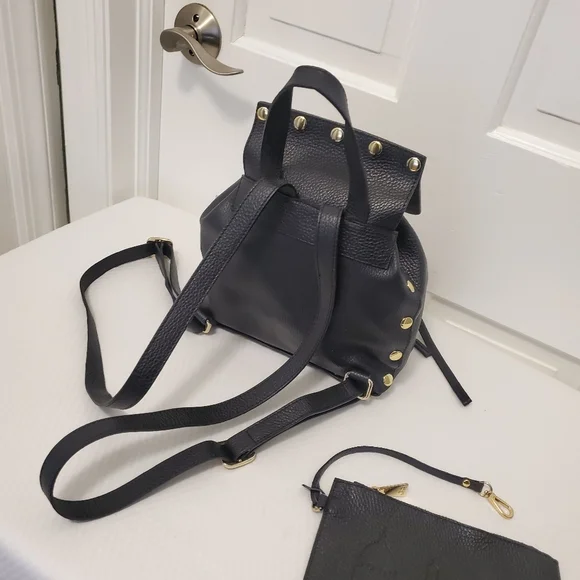 Pop BAG Black Pebble Grain Leather Backpack Top Handle Bag With Pouch - Picture 5 of 10